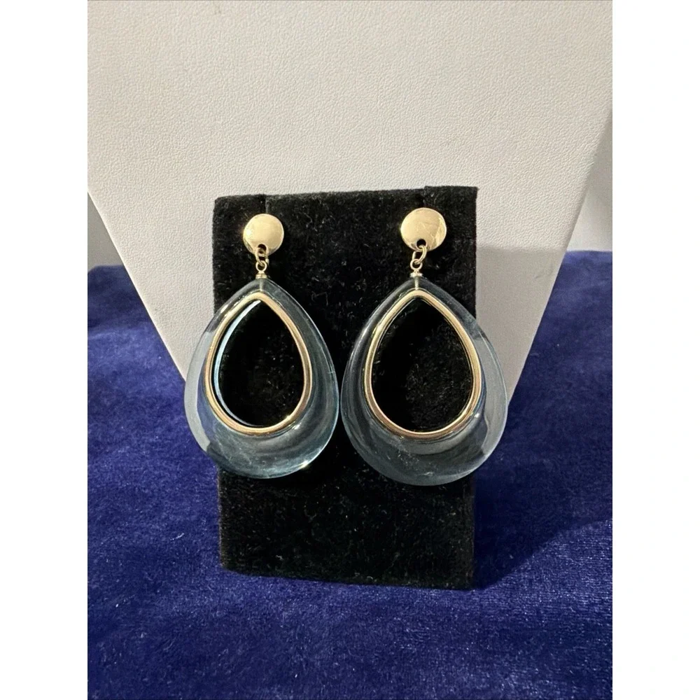 Teardrop acetate dangling Clear Blue Gold Tone Earrings